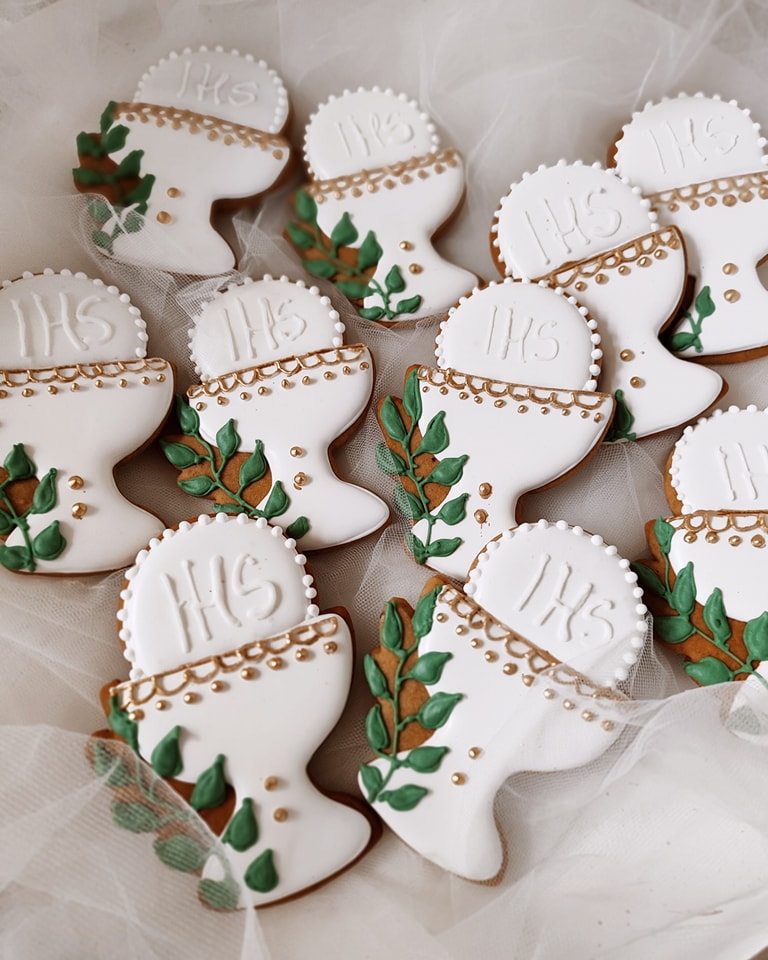 Kielich z hostią podziękowanie na I Komunię Świętą